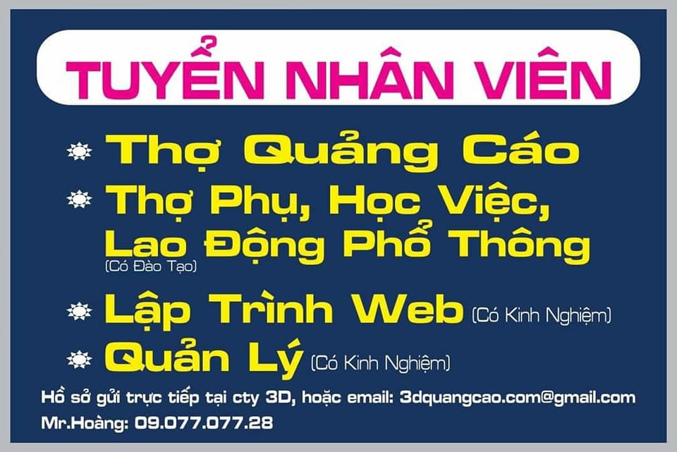 Tuyển nhân viên thiết kế có kinh nghiệm, làm việc trực tiếp với khách hàng - 3D Quảng Cáo CN3