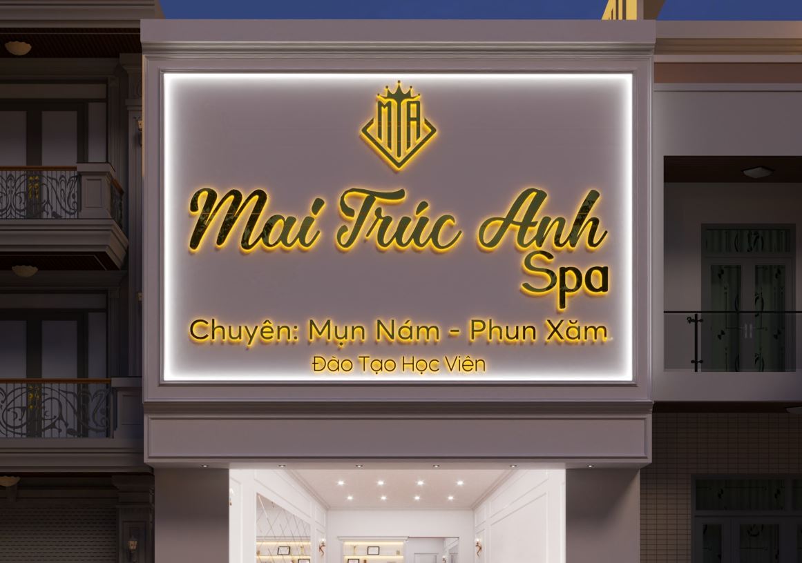 bảng hiệu nền thạch cao, chữ inox vàng gương đèn sáng chân cao cấp