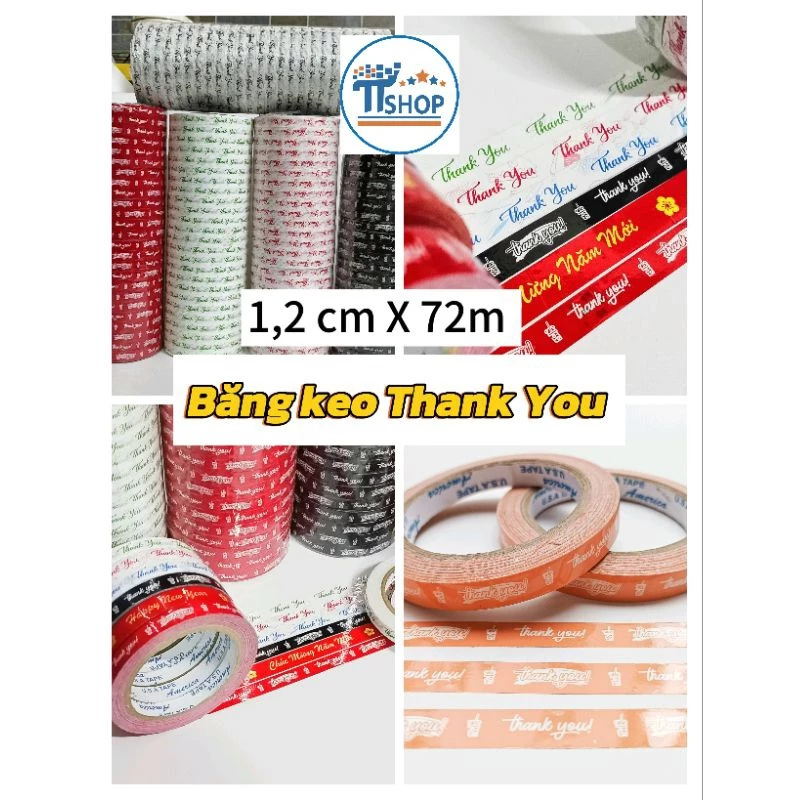 Băng keo dán miệng cốc Thank You, rộng 1,2cm, dài 72m, chống nước - Nhận in theo yêu cầu