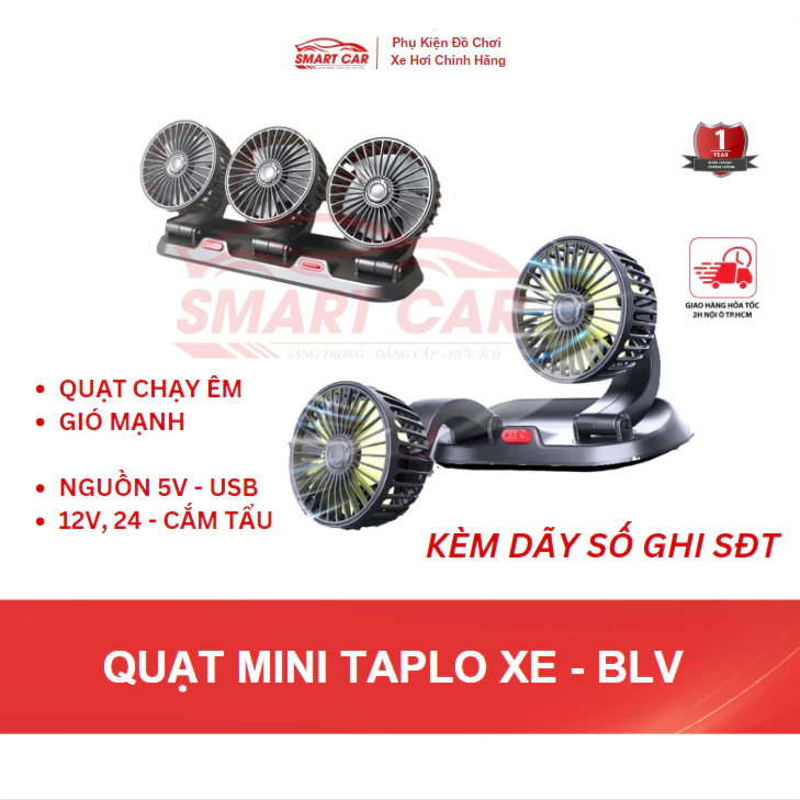 Quạt máy đôi mini 12v, 24v xoay 360 tiện ích trên ô tô, xe hơi cao cấp